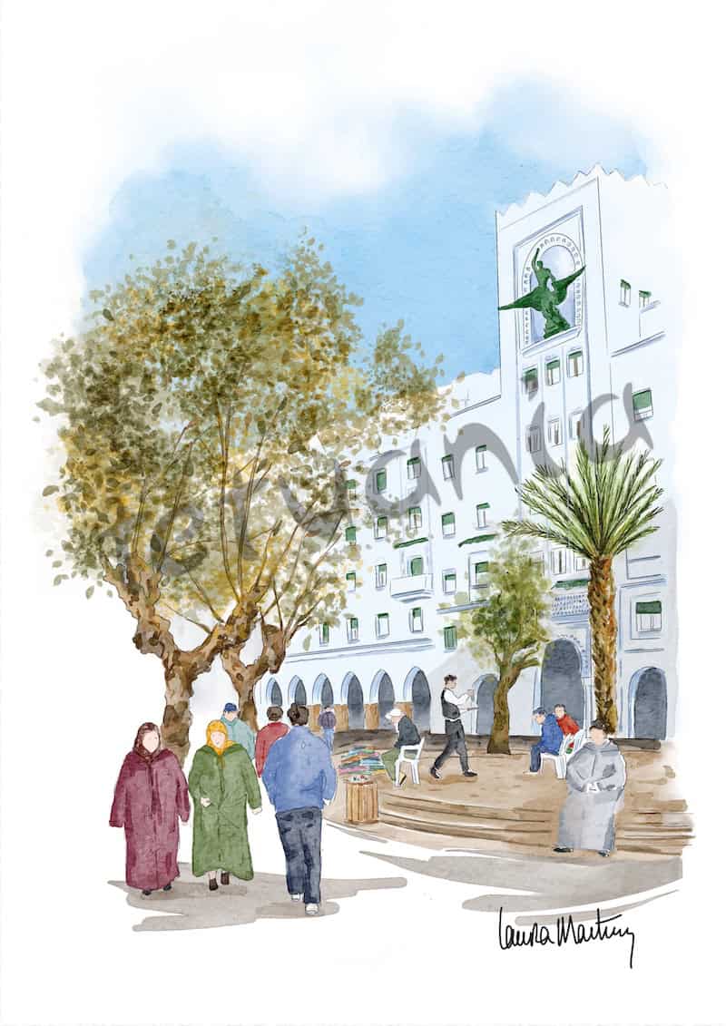 Acuarela del Edificio El Fénix en Tetuán, con árboles y personas en la plaza.
