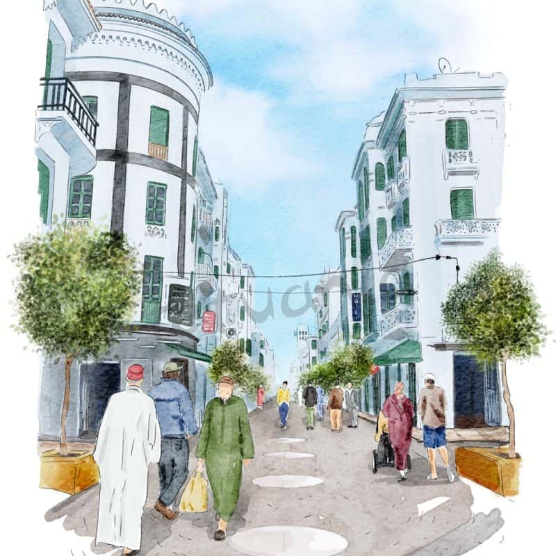 Acuarela de Tetuán mostrando la calle Mohamed V con edificios blancos y árboles en las aceras.