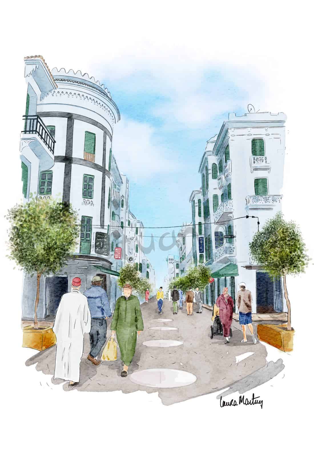 Acuarela de Tetuán mostrando la calle Mohamed V con edificios blancos y árboles en las aceras.