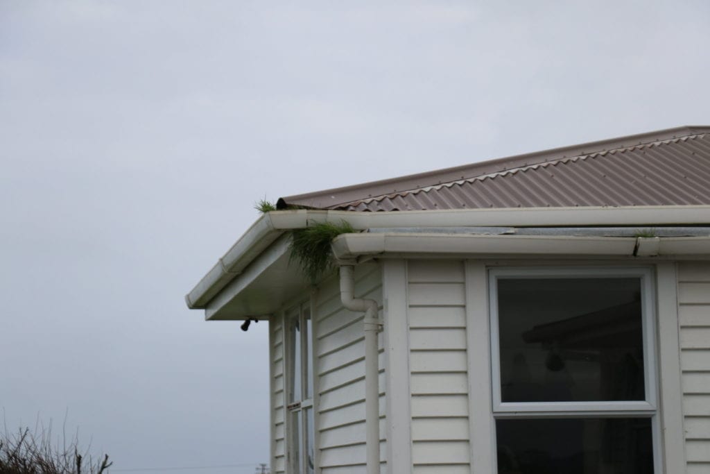 Storm damage on residential roofing and gutters in New Zealand.