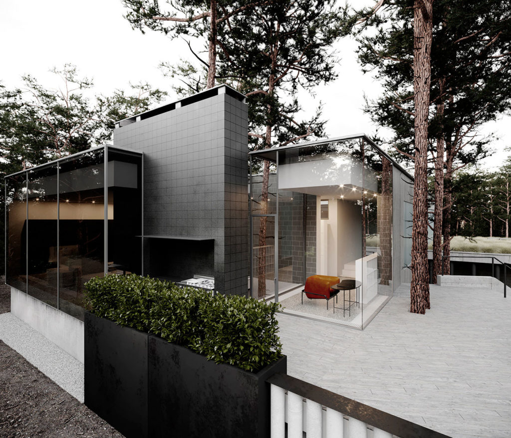 12-1-kauruora Modern timber-framed house nestled among tall pine trees in New Zealand.
