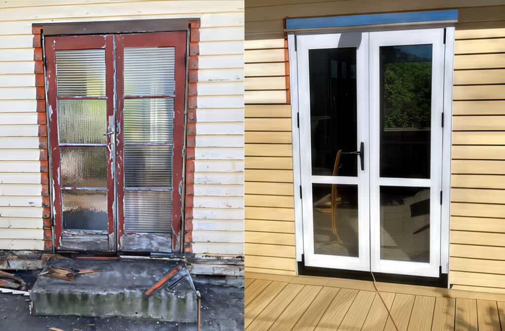 Window door before and after renovation, showcasing home improvement and property upgrades.