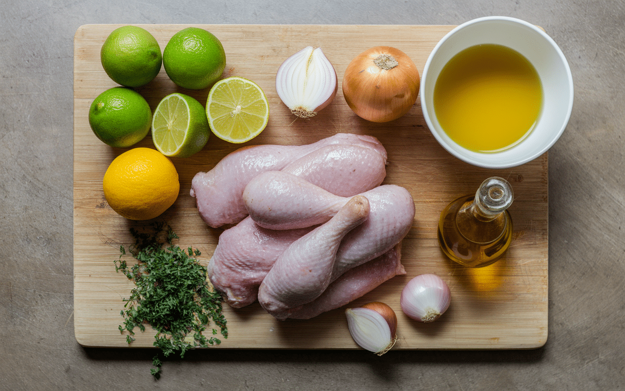 Ingrédients pour la recette de poulet yassa sur plan de travail