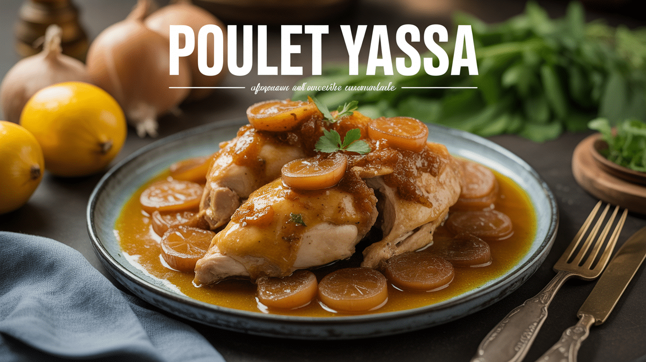Plat de poulet yassa avec sauce aux oignons caramélisés