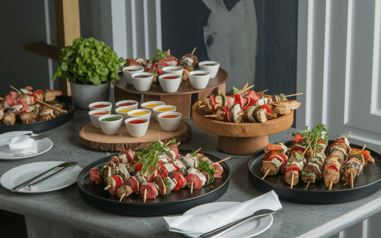 Buffet avec brochettes et sauces