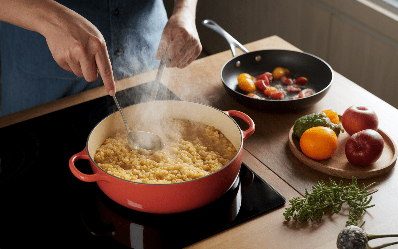 Cuisson risotto frutti di mare dans casserole fumante