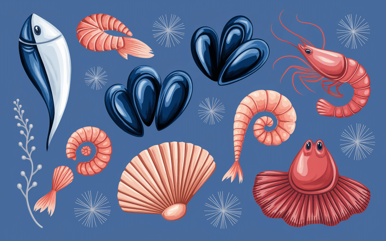 Collection fruit de mer top 7 sur fond marin bleu