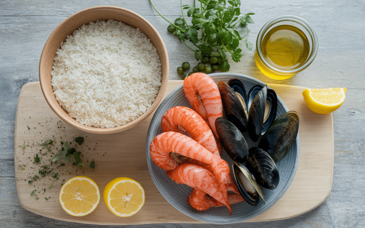 Ingrédients frais pour risotto frutti di mare sur planche