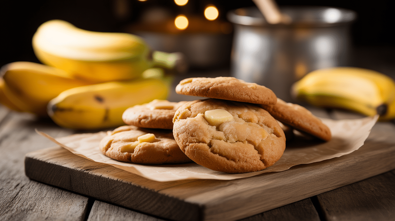 Cookies banane beurre de cacahuete dorés sur planche avec bananes et pot beurre de cacahuete