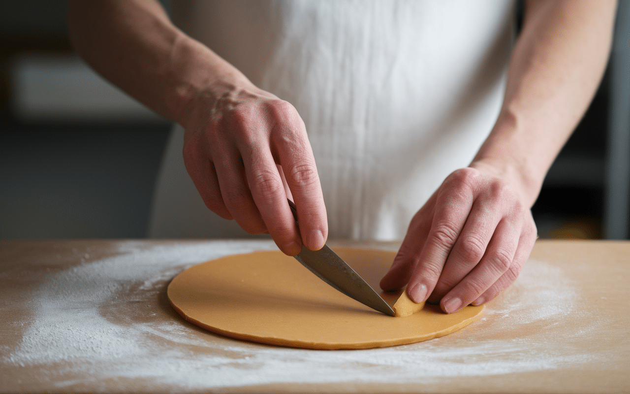 Mains réalisant le dégazage d’une pâte à brioche sur plan fariné