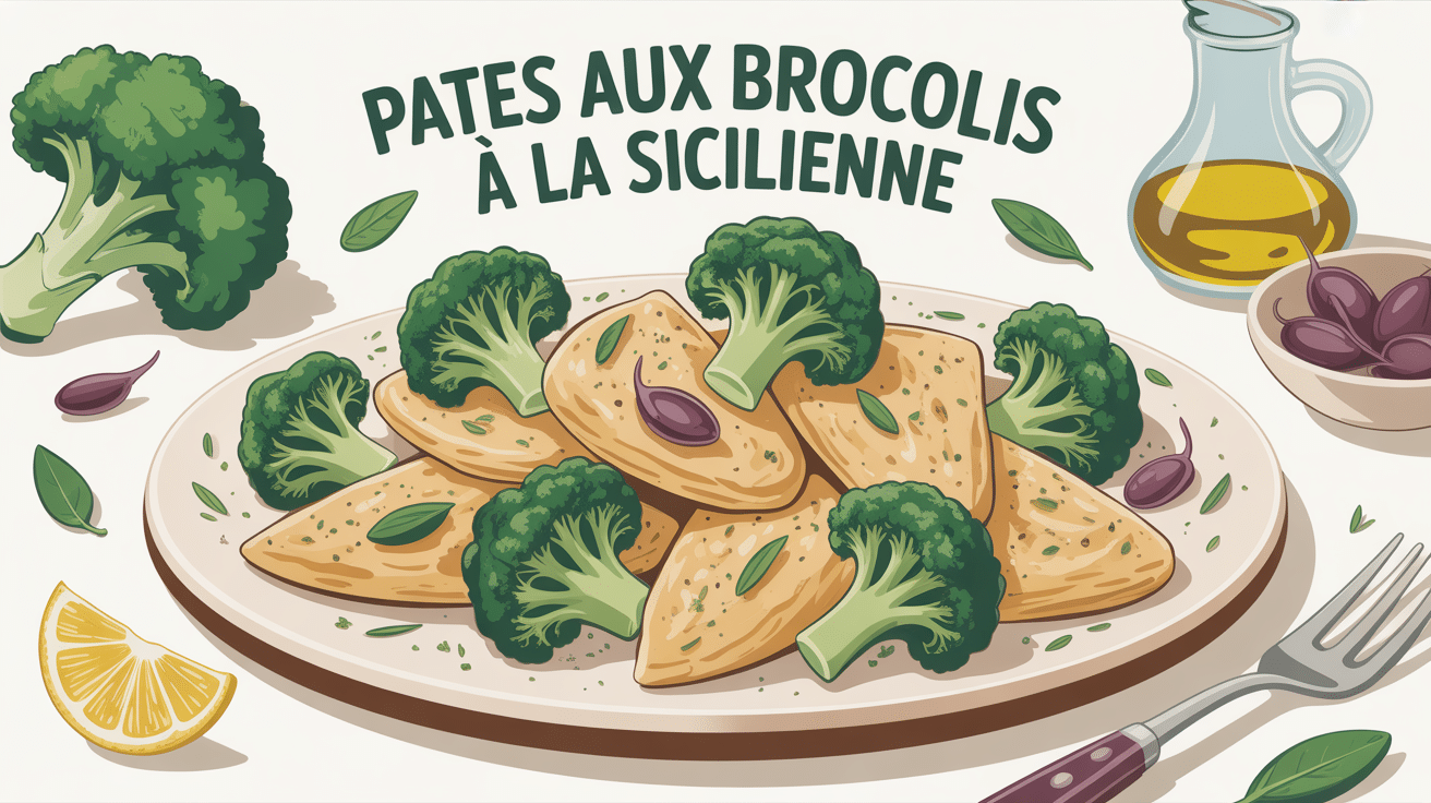 Assiette de pâtes aux brocolis à la sicilienne illustrée, chapelure et anchois