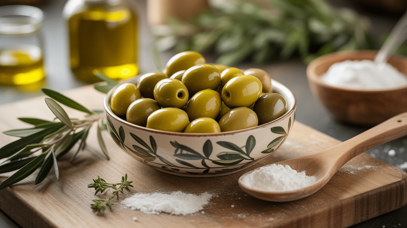 Bol d'olives vertes préparation bicarbonate de soude cuisine