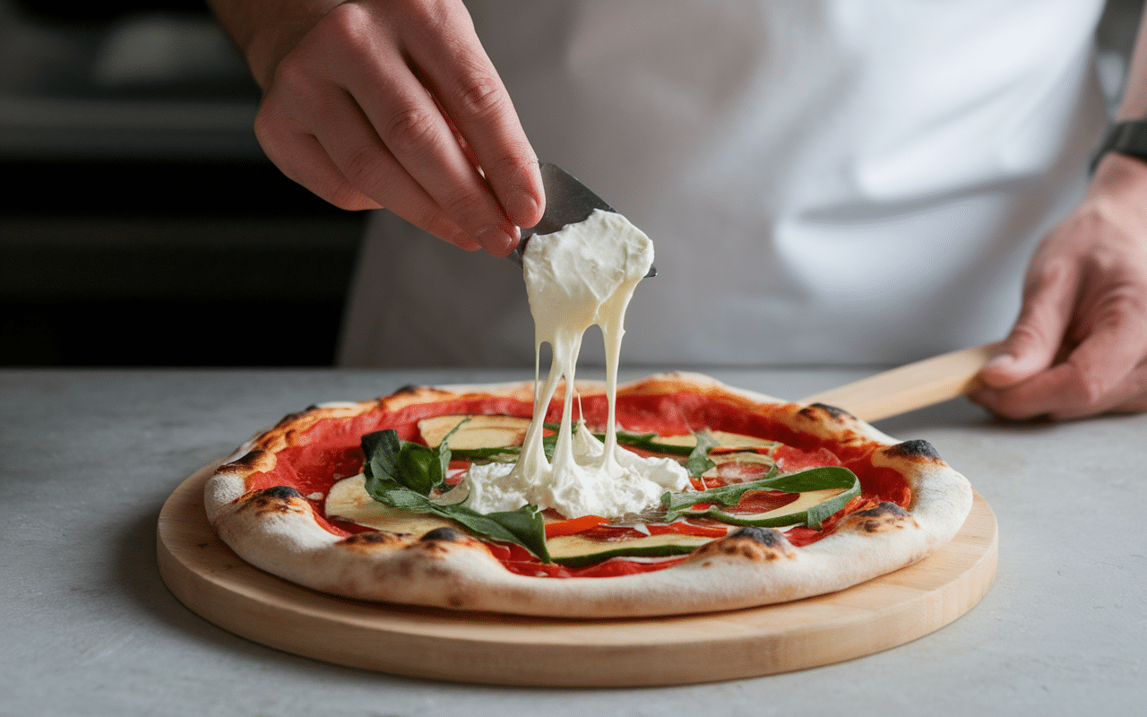 Chef ajoute stracciatella on pizza sortie du four