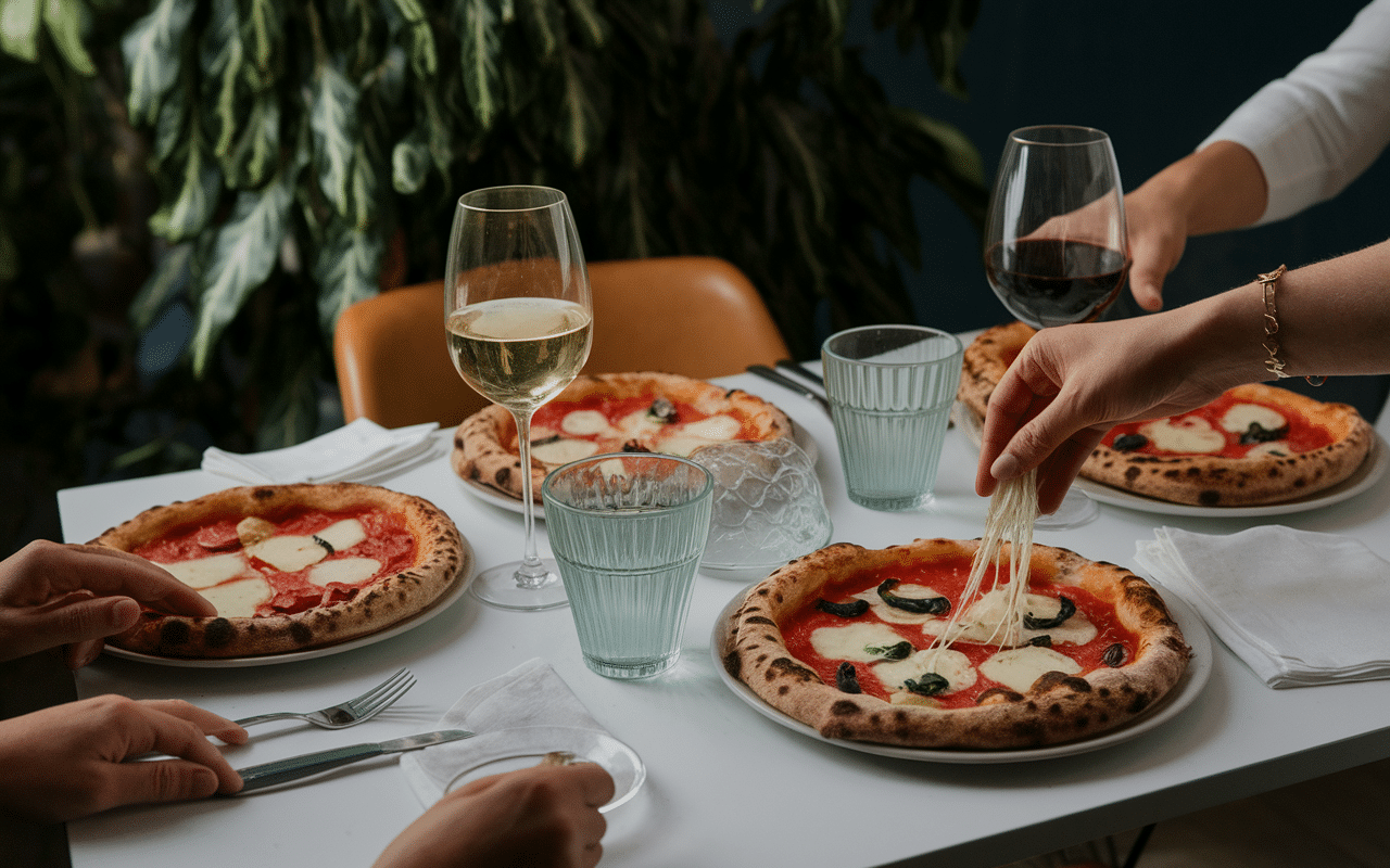 Ambiance chaleureuse avec stracciatella on pizza partagée