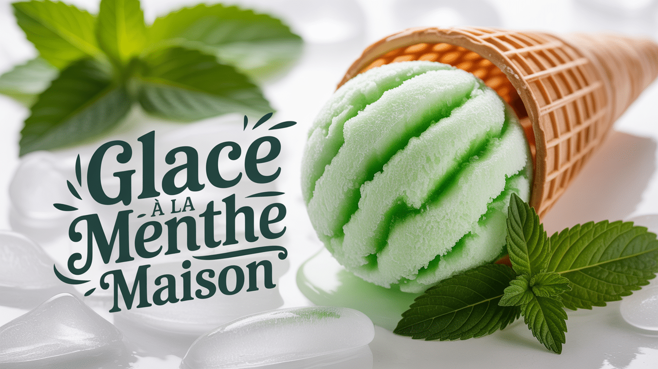 Glace à la menthe maison dans cornet, feuilles de menthe