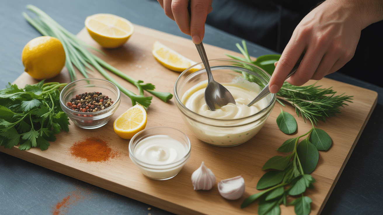 Préparation de sauce pour frites maison avec ingrédients frais