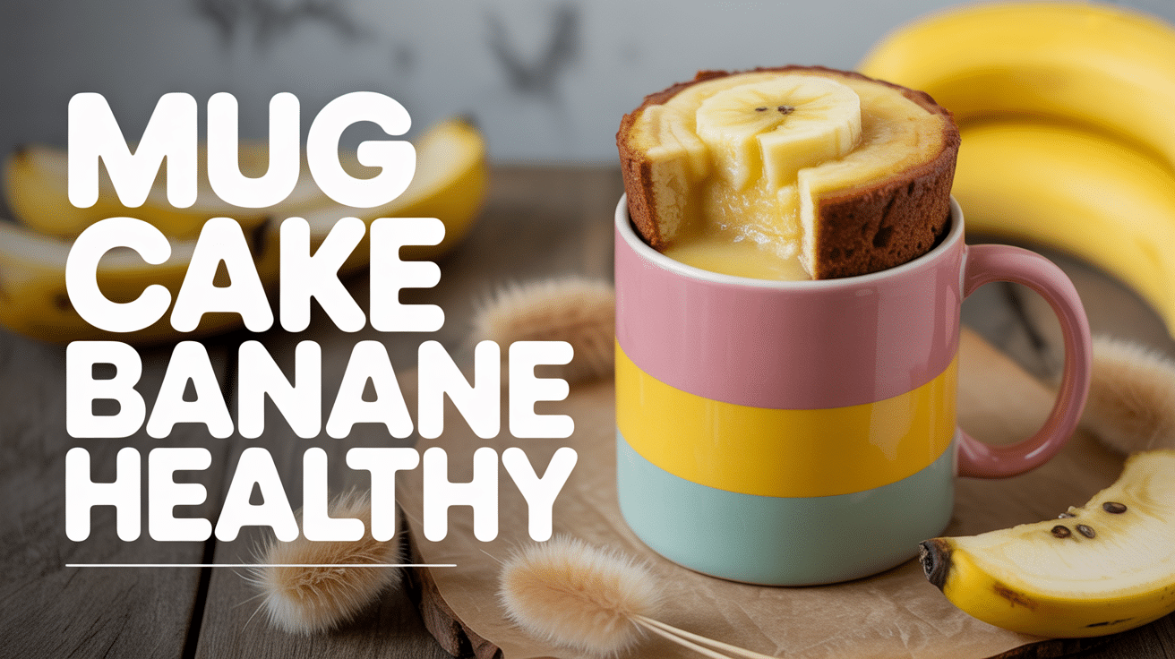 Mug cake banane healthy sur table avec tranches de banane