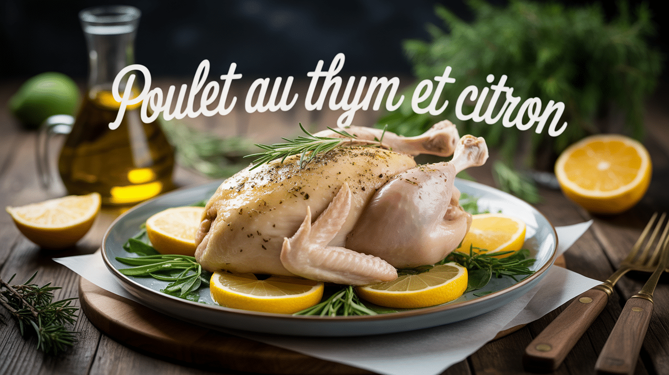 Plat de poulet au thym et citron doré sur table