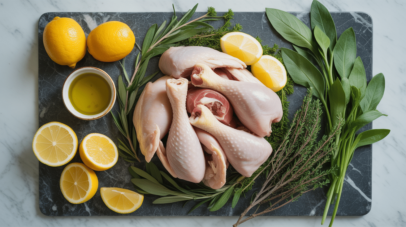 Ingrédients poulet au thym et citron frais sur plan de travail