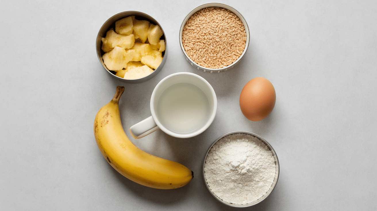 Ingrédients mug cake banane healthy dans bol et mug