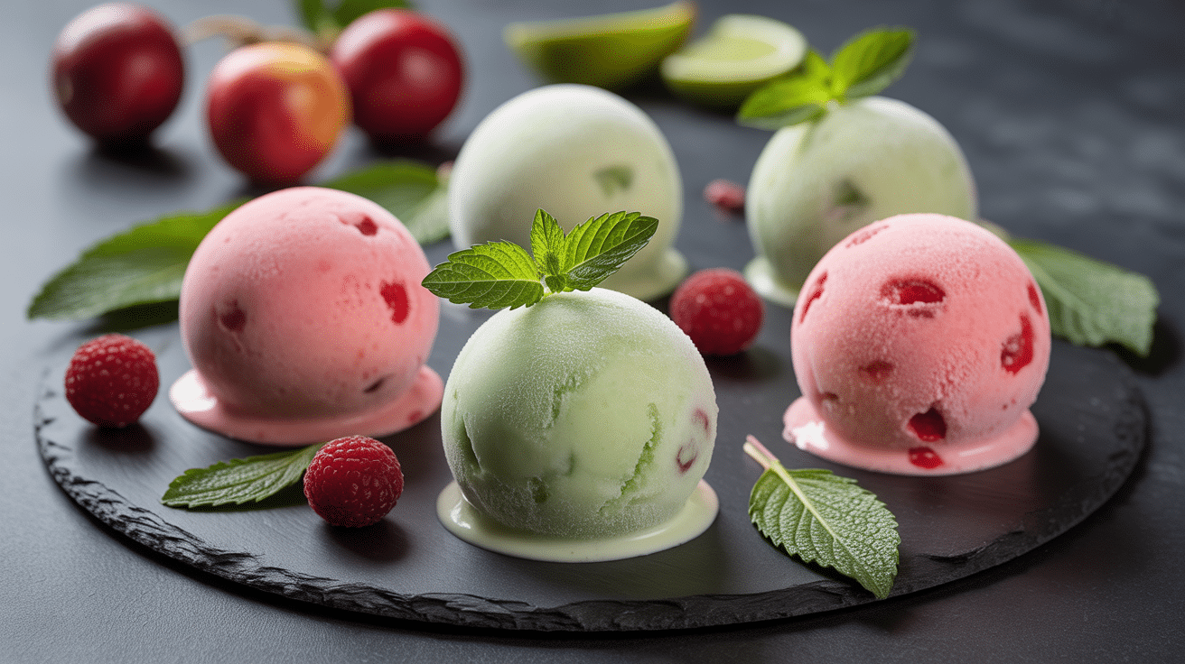 Glace à la menthe version chocolat, vegan et fruits