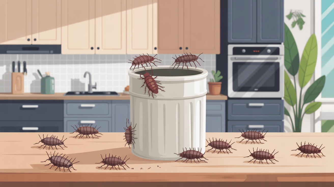 Illustration d’asticots blancs dans une poubelle de cuisine moderne