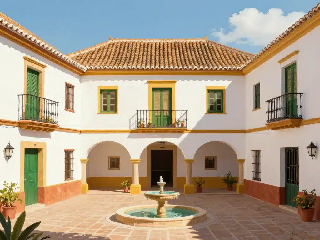 caractéristiques architecturales maison typique espagnole murs blancs tuiles patio