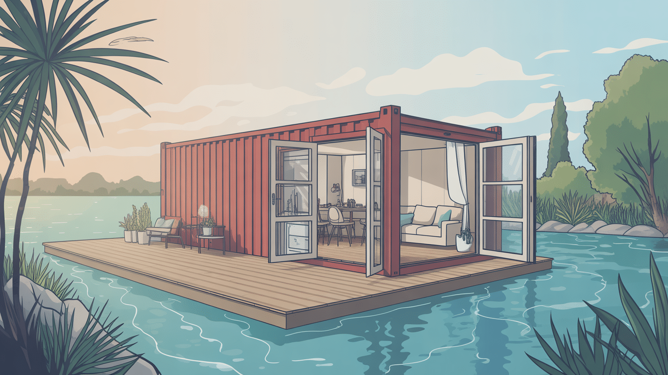 conteneur aménagé illustré au milieu d’un jardin