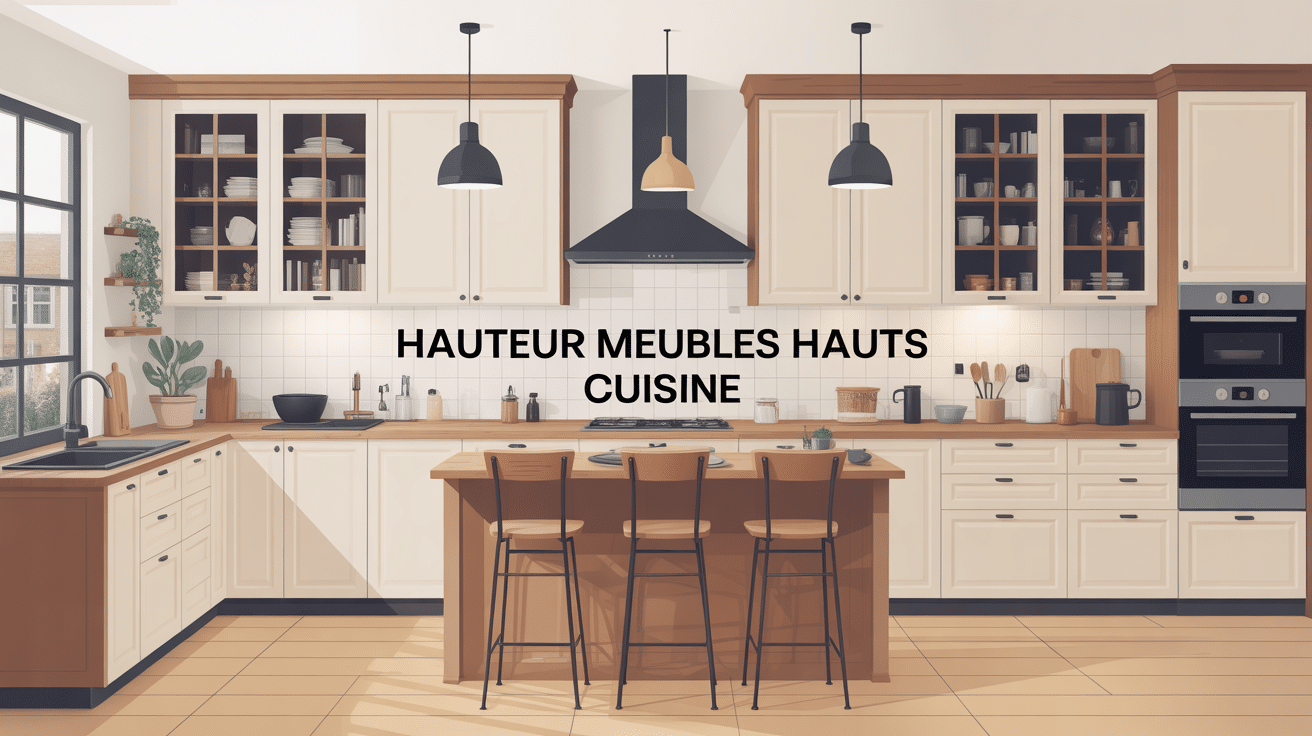 illustration hauteur meuble haut cuisine moderne avec hotte et luminaires