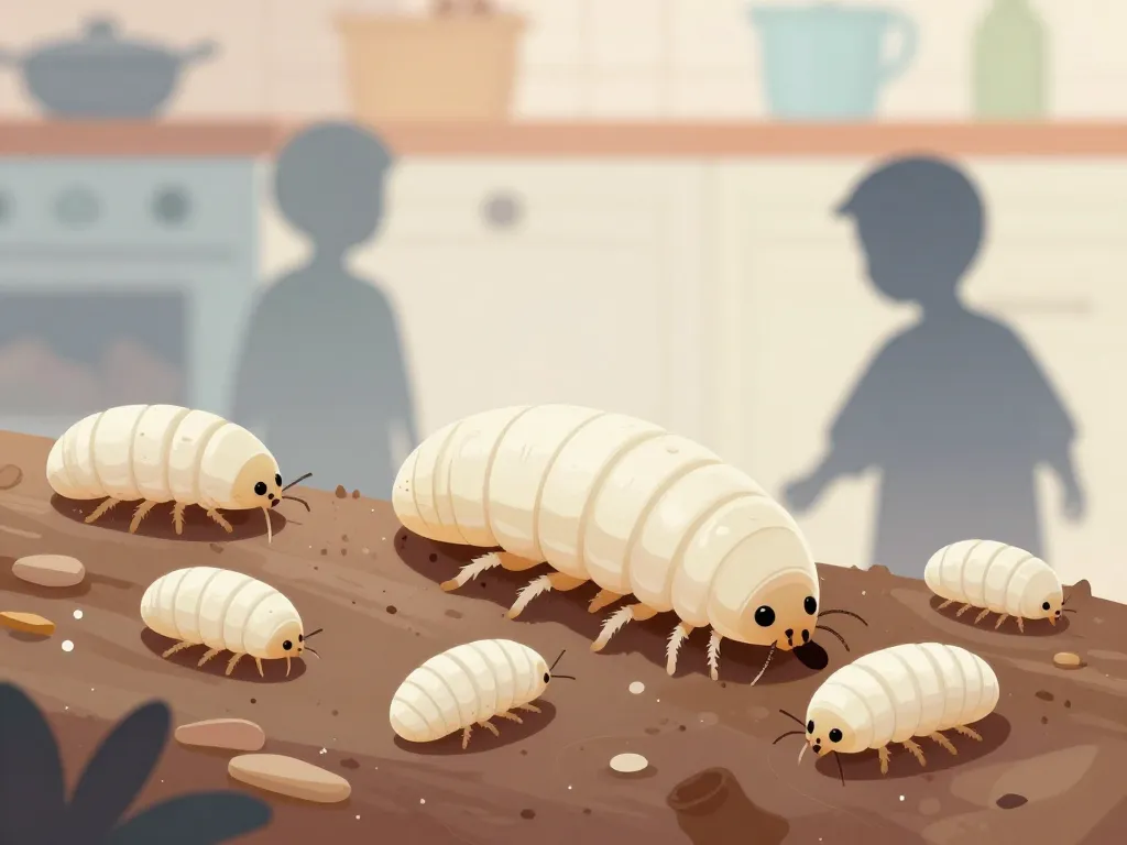 Asticots blancs sur déchets organiques avec mouches