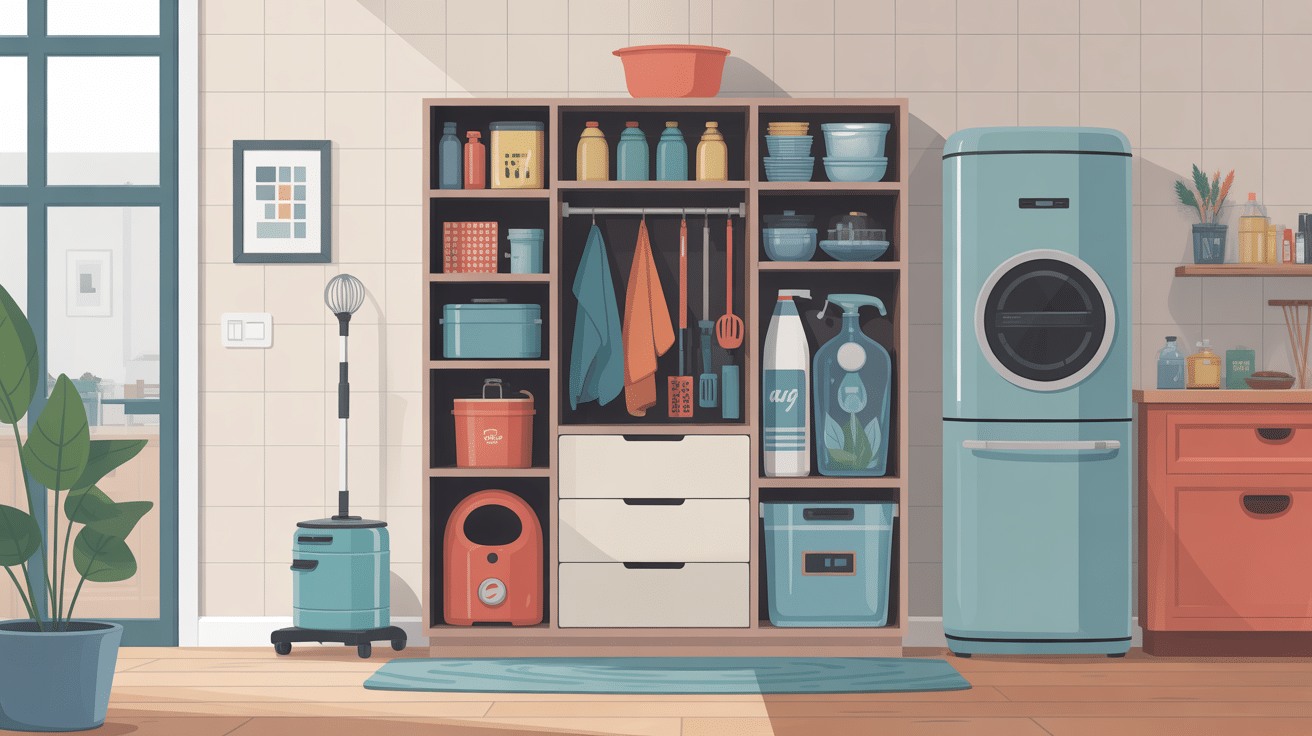 armoire à balai gifi optimisée avec balais et produits ménagers