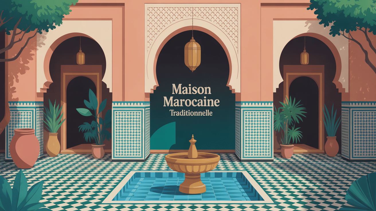 Patio lumineux, zellige et arcs sculptés d’une maison marocaine traditionnelle