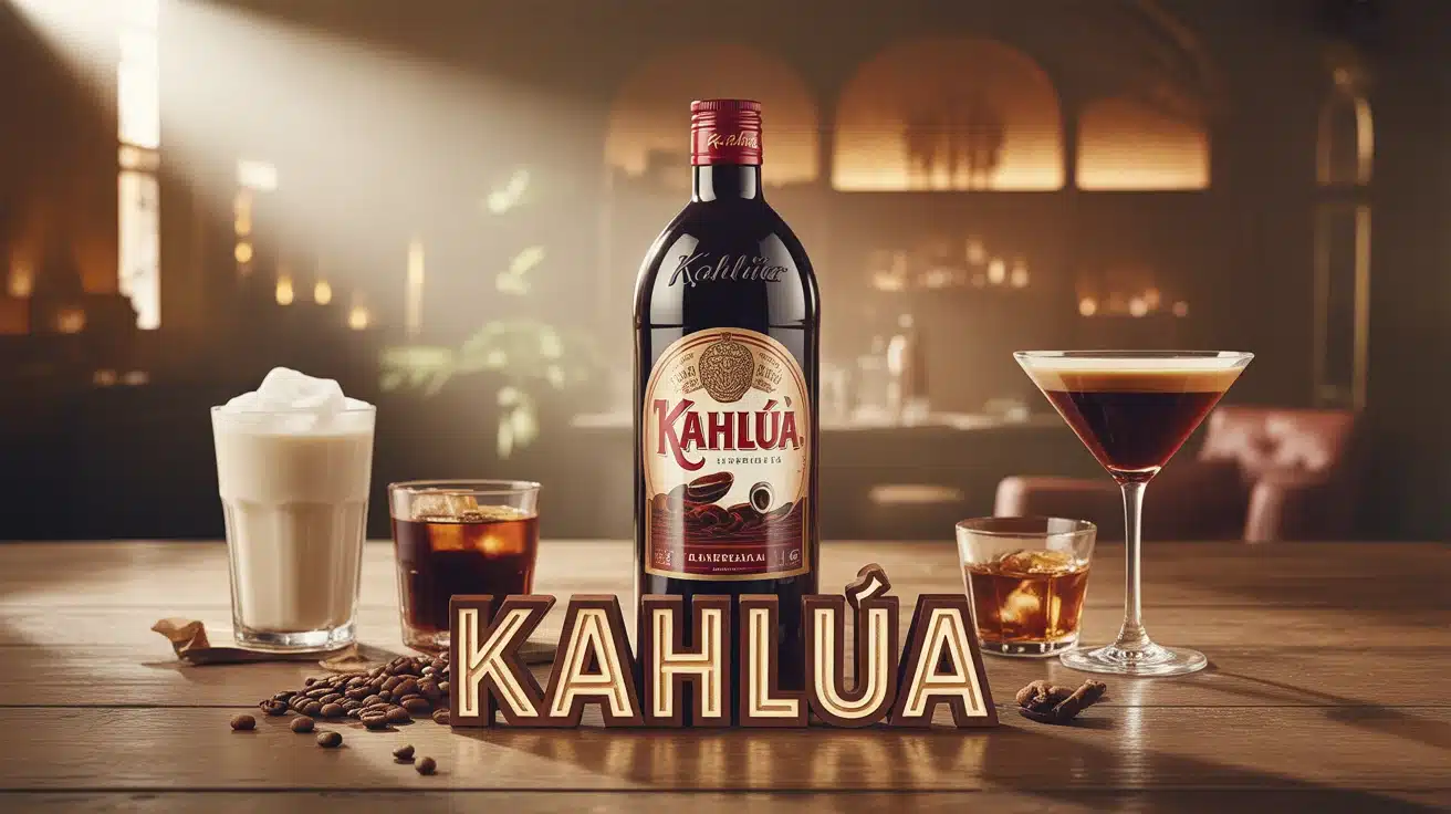 Bouteille de Kahlúa entourée de grains de café et cocktails