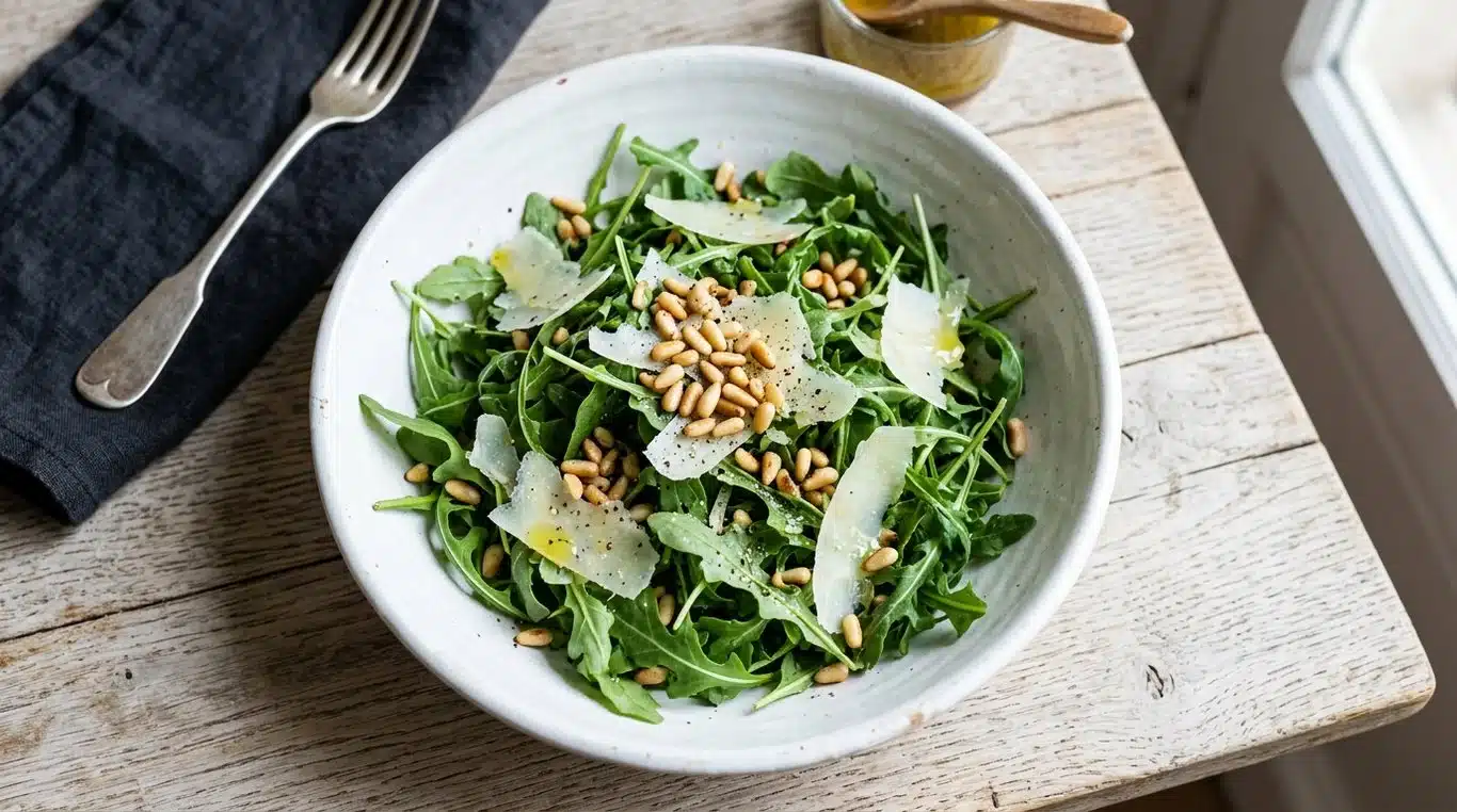 Salade d'arugula aux pignons de pin et copeaux de Grana Padano