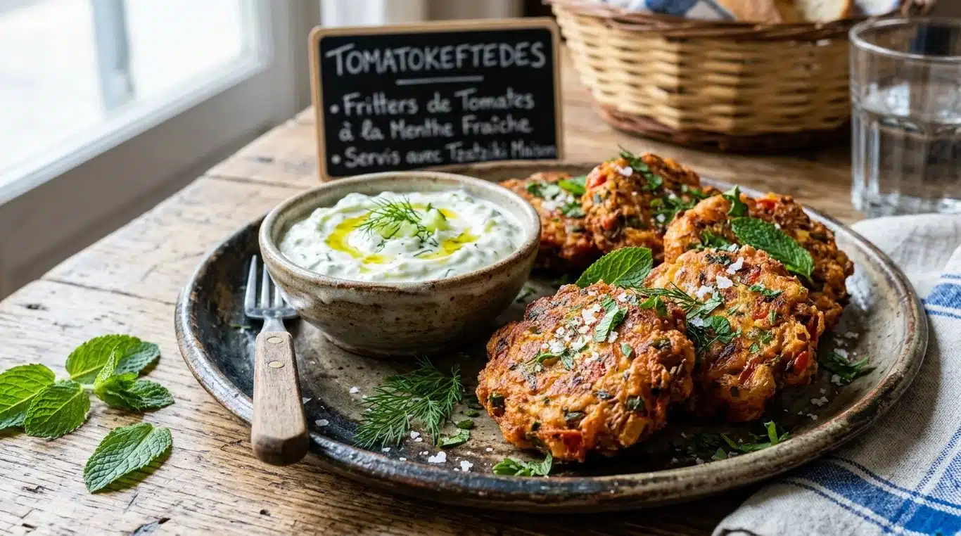 Tomatokeftedes grecs servis avec du tzatziki