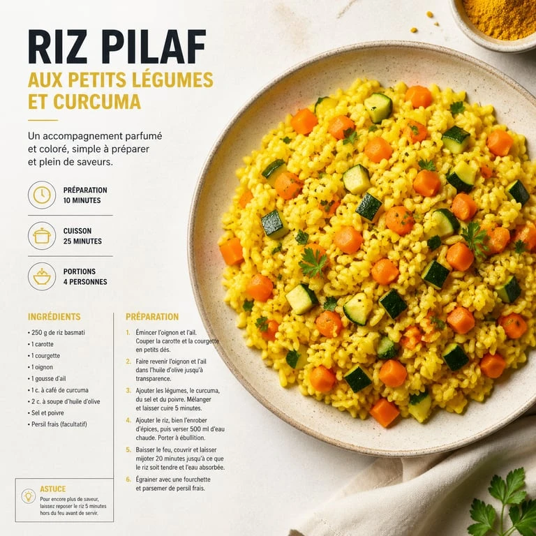 Recette riz en accompagnement : riz pilaf aux petits légumes et curcuma