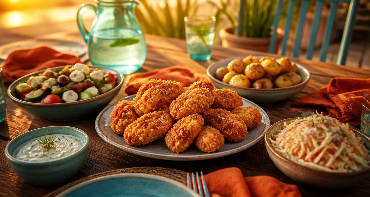 accompagnement nuggets avec salade, pommes de terre, coleslaw et sauce