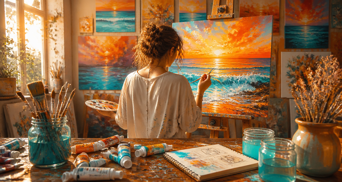 artiste peintre travaillant sur toile atelier