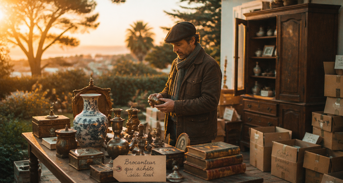 brocanteur qui achète tout examine objets anciens