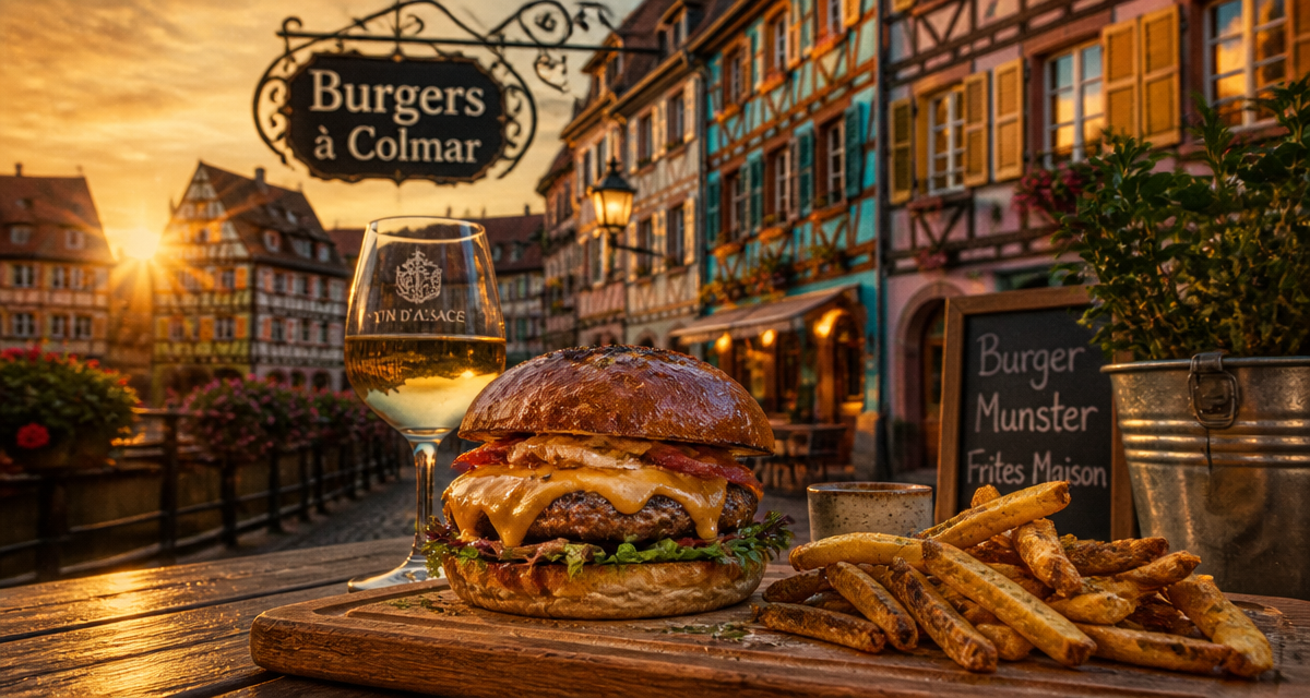 burger colmar artisanal sur terrasse avec frites