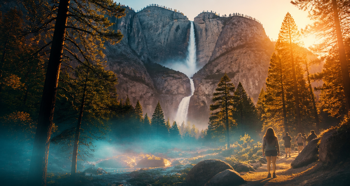 Chutes de Yosemite vues depuis un sentier au coucher du soleil