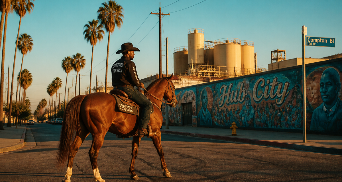 Compton America rue emblématique avec cowboys et fresque Hub City