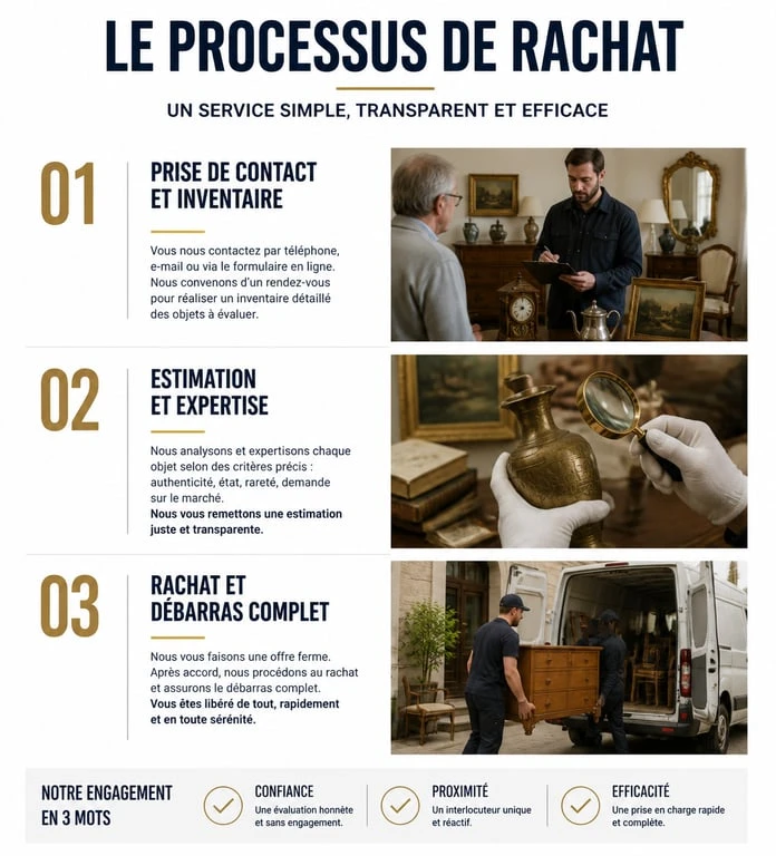 Processus de rachat et débarras par un brocanteur qui achète tout