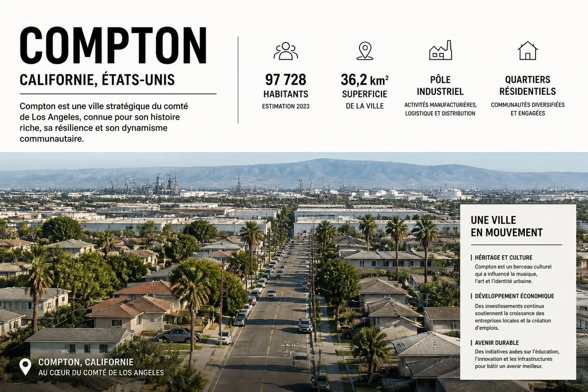 Vue aérienne de la ville de Compton en Californie, un lieu emblématique de l'histoire urbaine américaine.