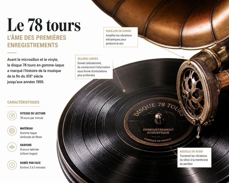 Disque 78 tours en gomme-laque sur un gramophone ancien
