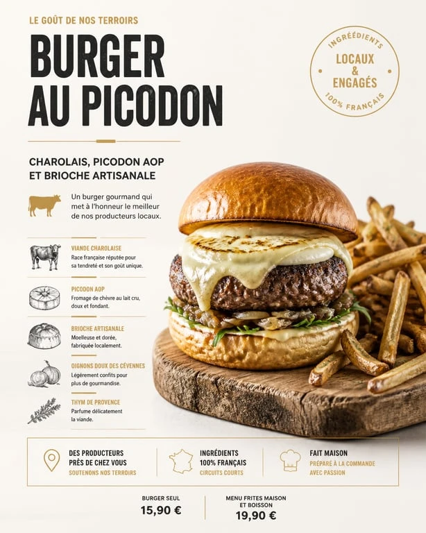 Burger gourmet au Picodon et bœuf charolais à Valence