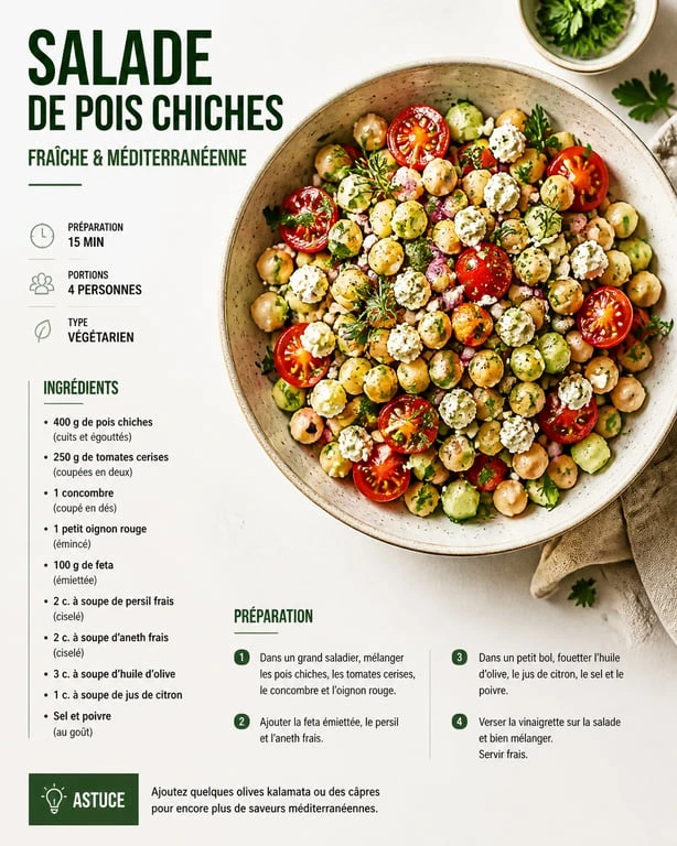 Salade de pois chiches à la feta et aux légumes frais dans un bol