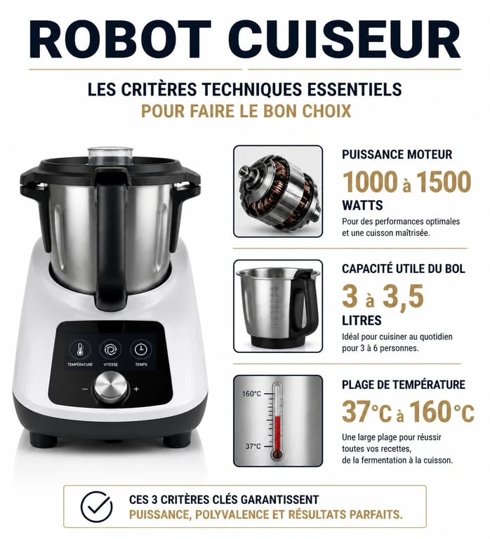 Infographie des critères techniques pour choisir le meilleur robot cuisine