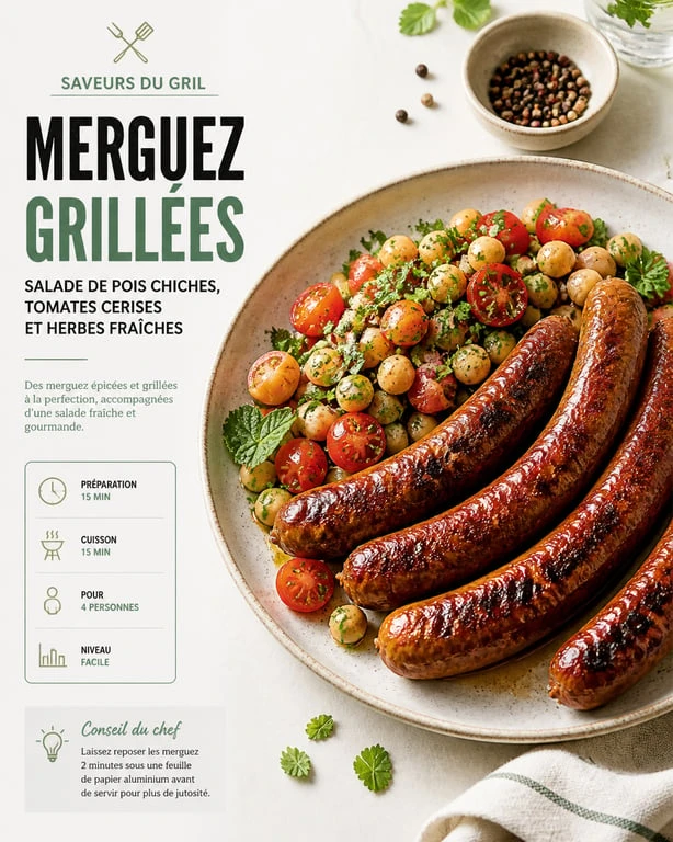 Assiette de merguez grillées accompagnées d'une salade de pois chiches pour accompagner vos merguez
