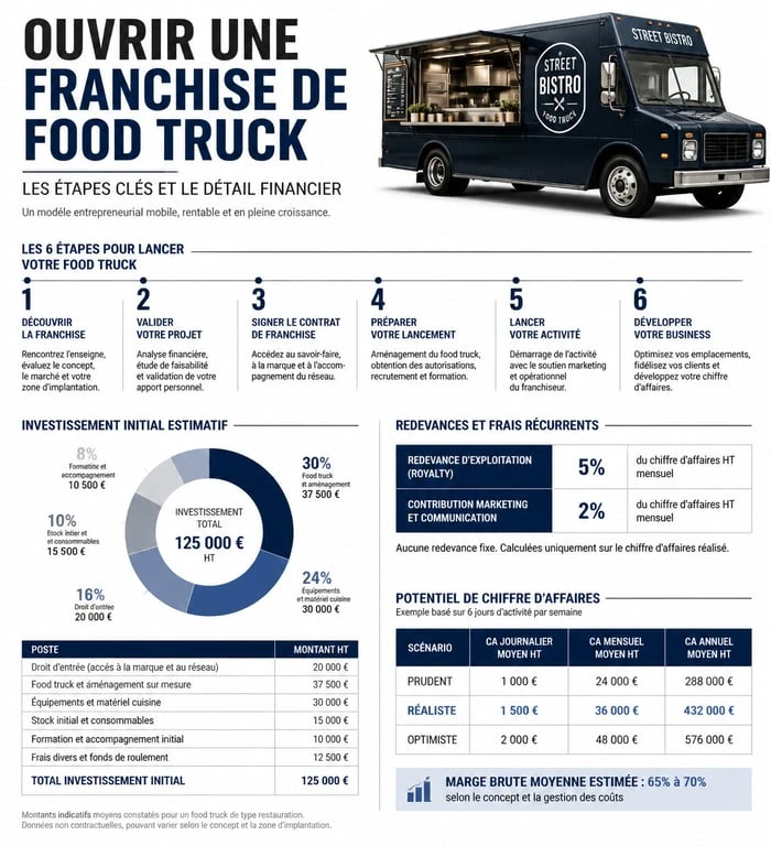Infographie des étapes et coûts pour ouvrir une franchise food truck
